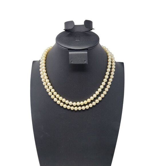 Vintage Glass Faux Pearl Double Strand Princess Necklace Gold Rhinestone Flower - Picture 11 of 11